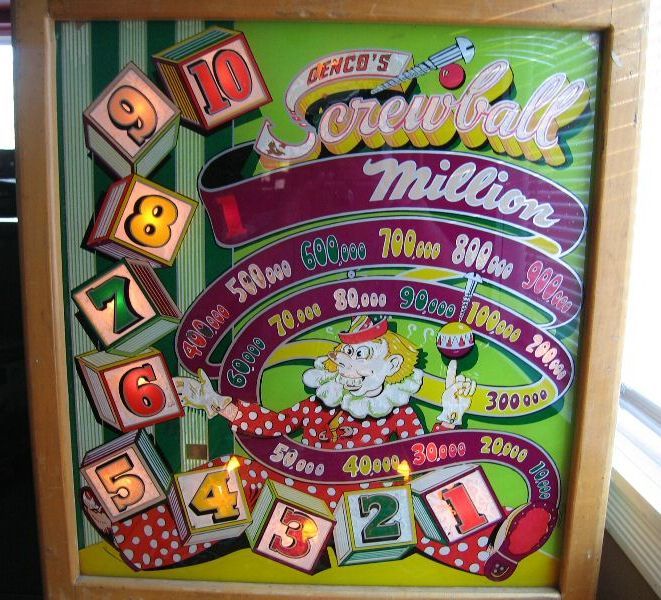 Screwball is a woodrail pinball machine released by Genco in 1948, featuring a classic post-war design and straightforward gameplay typical of the era.