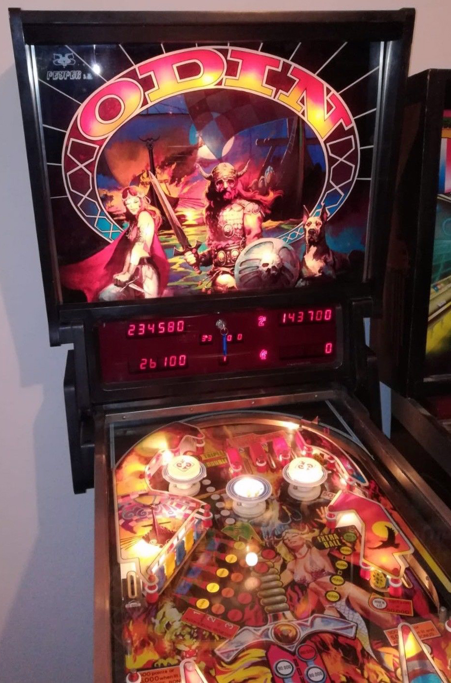 Odin is a pinball machine produced by Peyper in 1984. This game features a Norse mythology theme, highlighting the powerful god Odin.
