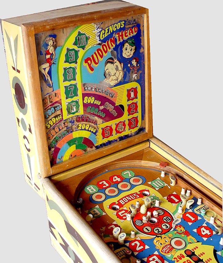 Puddin' Head is a classic pinball machine produced by Genco in 1948. It features the traditional mechanics and design typical of the late 1940s era.