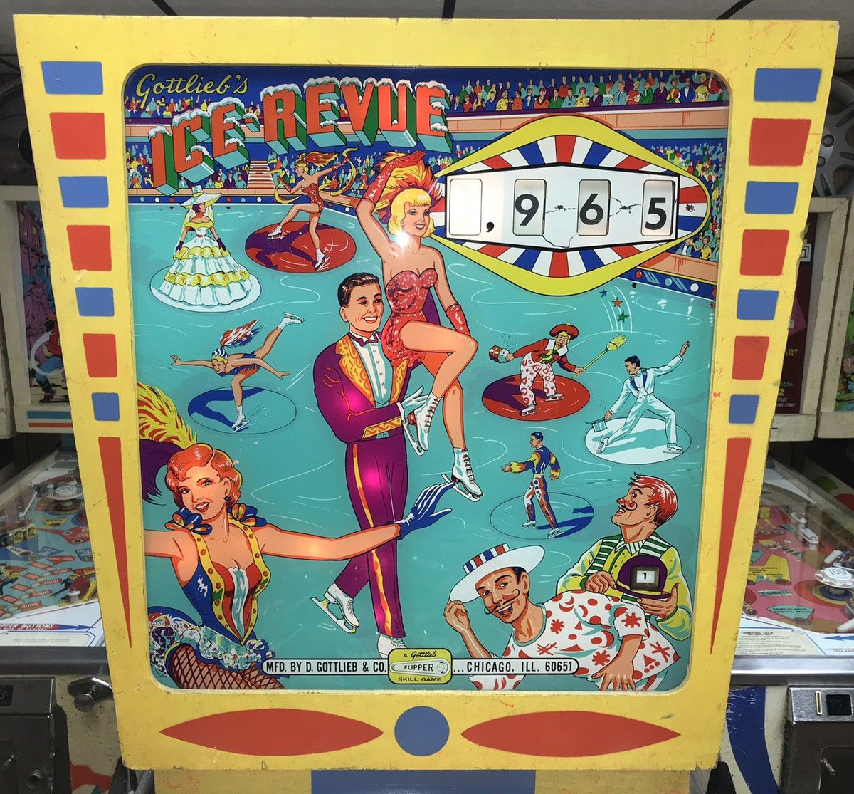 Ice-Revue is an electro-mechanical pinball machine produced by Gottlieb in 1965. It features a winter sports theme, with engaging artwork depicting ice skating and other ice-related activities.