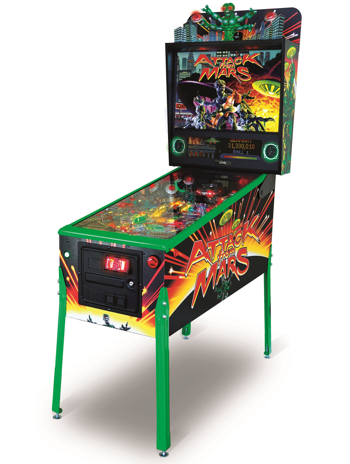Attack From Mars (Remake LE) is a modern remake of the classic Attack From Mars pinball machine originally designed by Brian Eddy and released by Bally in 1995. This Limited Edition version, produced by Chicago Gaming in collaboration with Planetary Pinball Supply, replicates the original gameplay while incorporating enhanced sound, graphics, and new features.