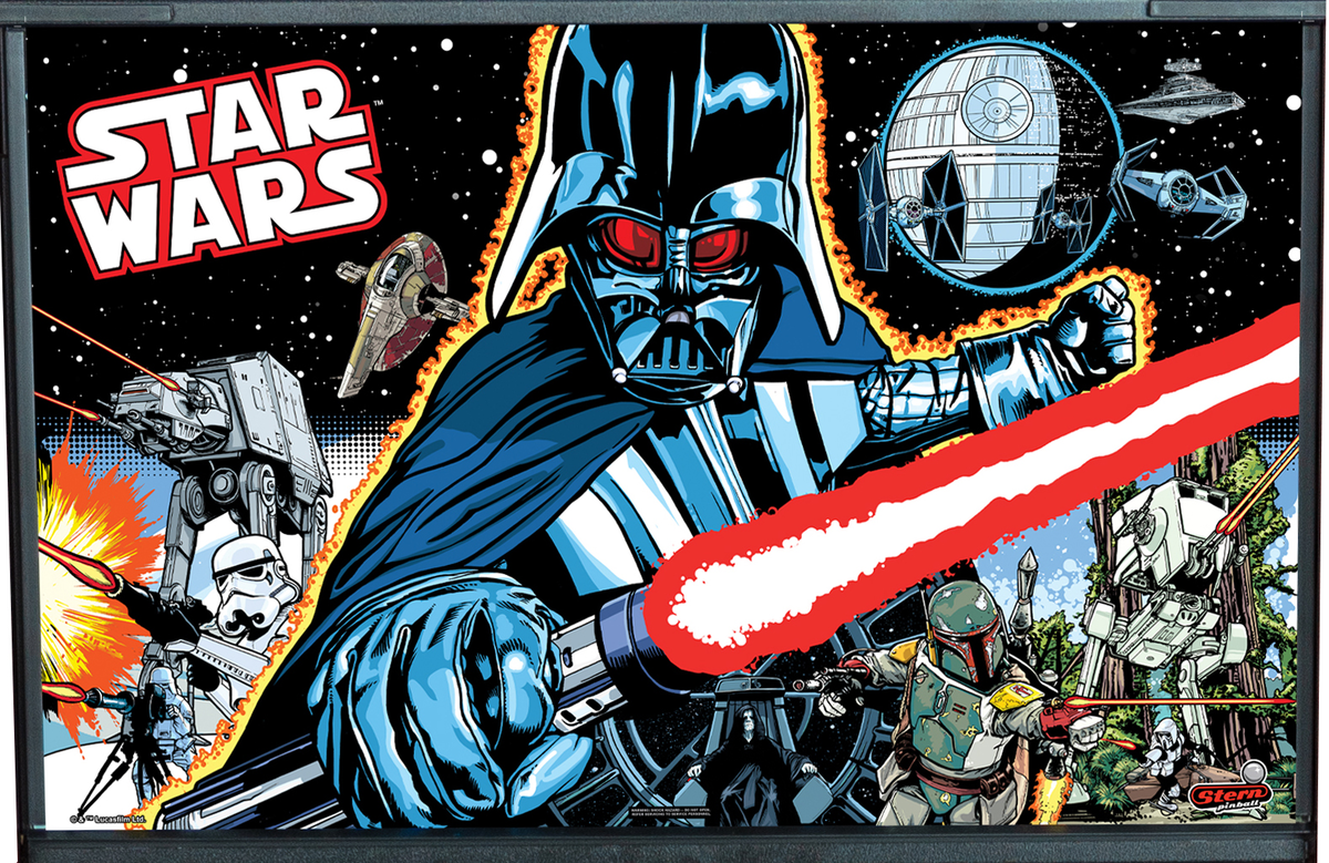 Star Wars (Premium Comic Art) is a pinball machine released by Stern Pinball in 2019, featuring iconic characters and scenes from the Star Wars saga. It includes comic art-style graphics, making it unique within the Star Wars pinball releases.