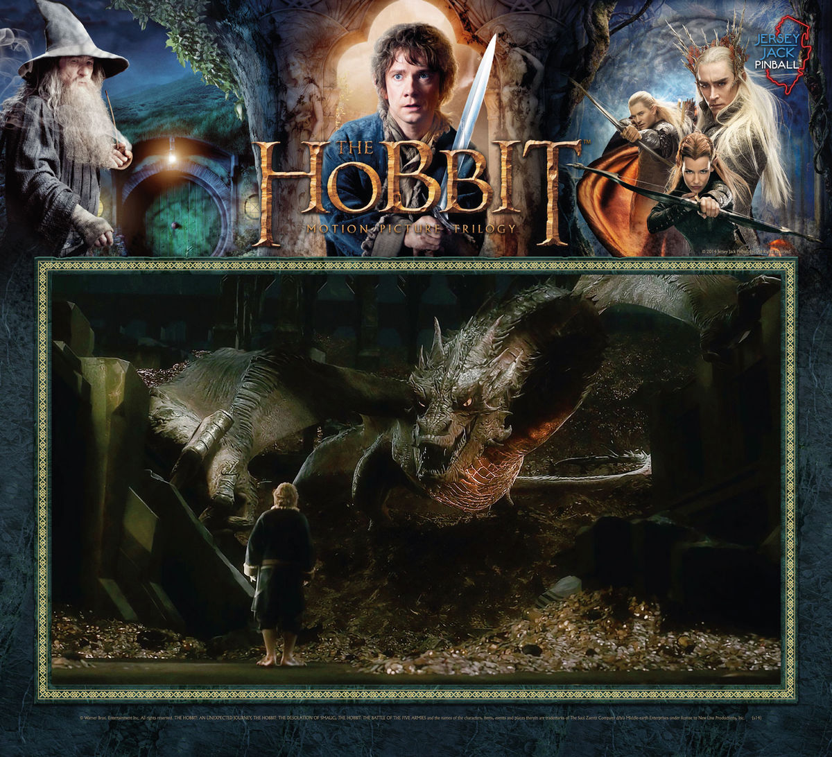 The Hobbit: Smaug Gold is a pinball machine released by Jersey Jack Pinball, themed around the popular movie series 'The Hobbit'. This version is part of their collectors’ series with unique artwork and features.