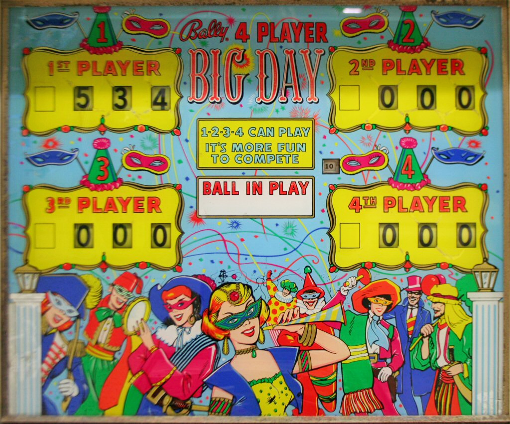 Big Day is a pinball machine manufactured by Bally in 1964 featuring a bowling theme, typical of the era's focus on sports and leisure activities.