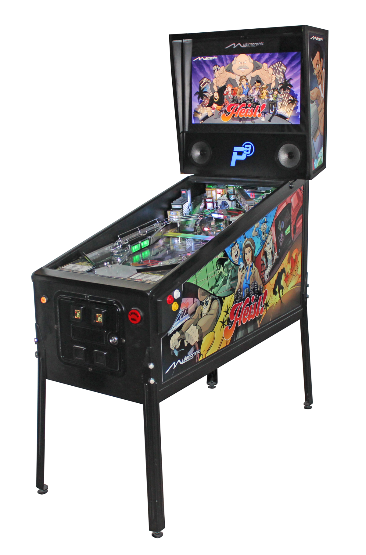 Heist is a pinball machine designed by Multimorphic, released in 2020. It features an engaging storyline where players participate in a citywide heist, navigating various challenges and objectives to complete the mission.