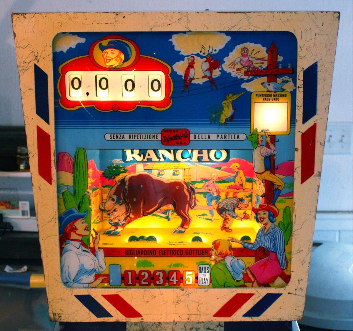 Rancho is an electro-mechanical pinball machine released by Gottlieb in 1966. It features a ranch theme with vibrant artwork and classic gameplay elements typical of the time.