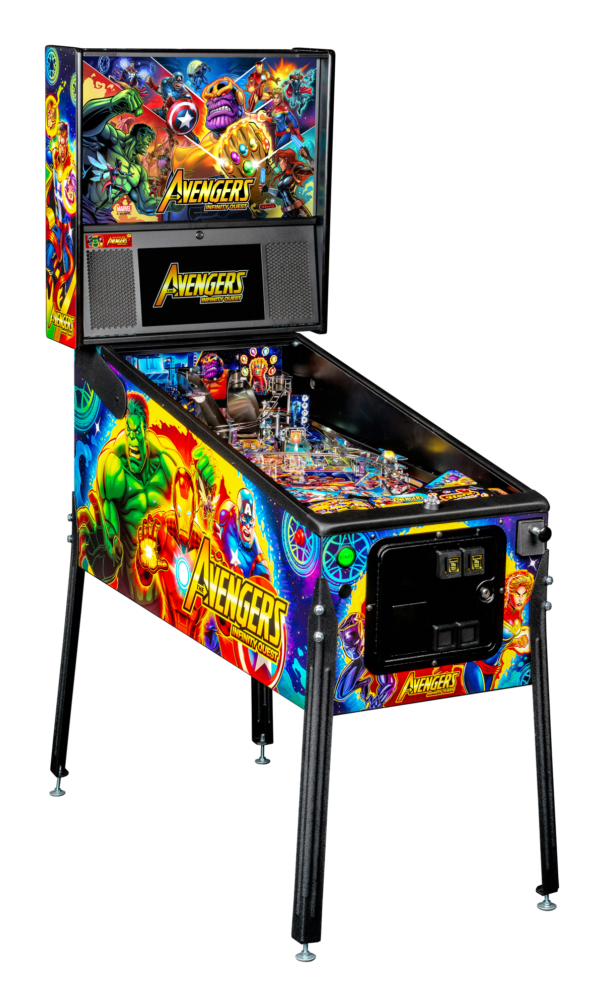 Avengers: Infinity Quest (Pro) is a pinball machine by Stern based on the popular Marvel Comics series. Players join the Avengers on an epic quest against the evil Thanos to collect the Infinity Gems.