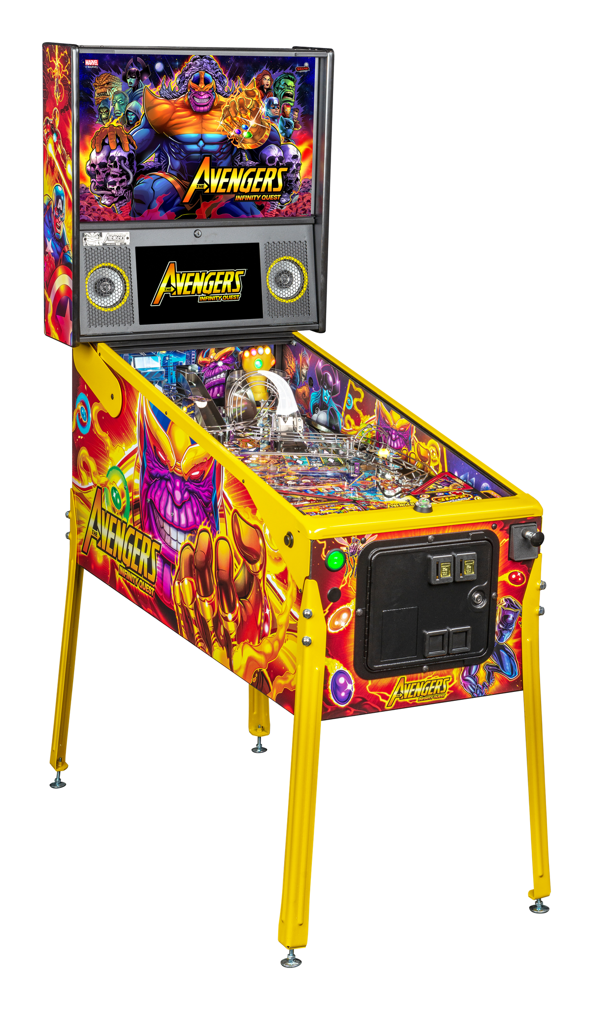 Avengers: Infinity Quest (Limited Edition) is a pinball machine by Stern Pinball, featuring Marvel's Avengers universe. It offers exciting gameplay with various missions to collect all Infinity Stones and defeat Thanos.