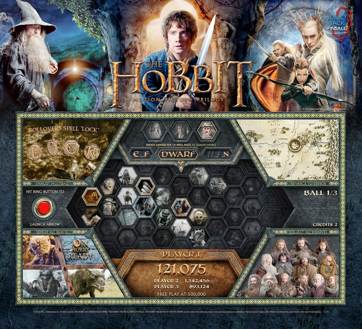 The Hobbit (Black Arrow) is a pinball machine by Jersey Jack Pinball based on the popular film trilogy. It features artwork and sound from the movies, creating an immersive experience.