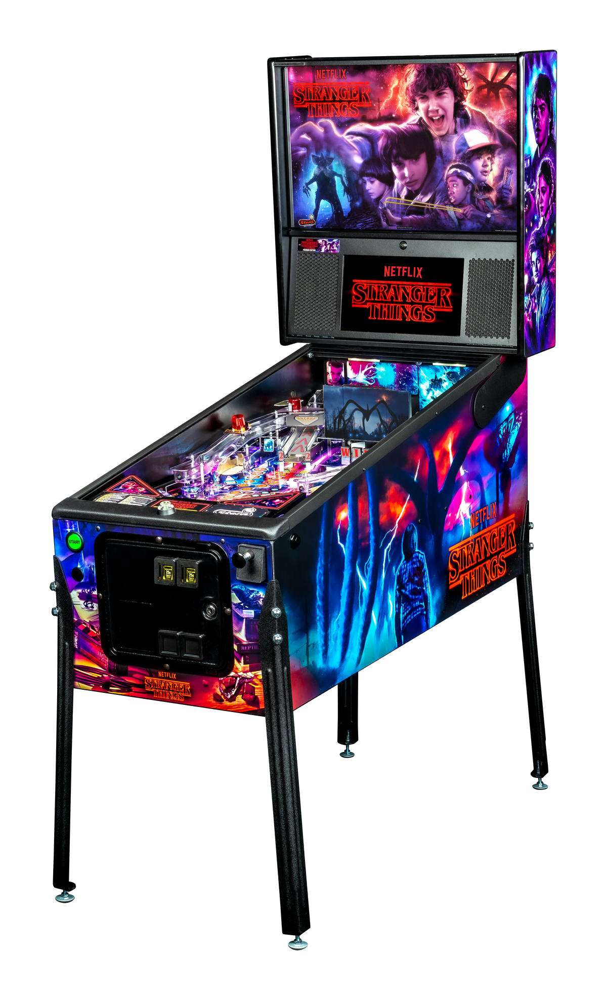 A pinball machine based on the hit Netflix series 'Stranger Things', produced by Stern Pinball. This machine immerses players into the world of Hawkins, Indiana, allowing them to experience the supernatural events and engage with characters from the show.