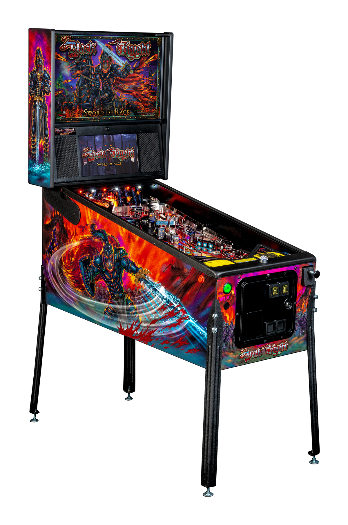 Black Knight: Sword of Rage (Premium) is an exciting pinball machine produced by Stern in 2019. It features dynamic gameplay, a captivating medieval theme, and is notable for its interactive upper playfield.