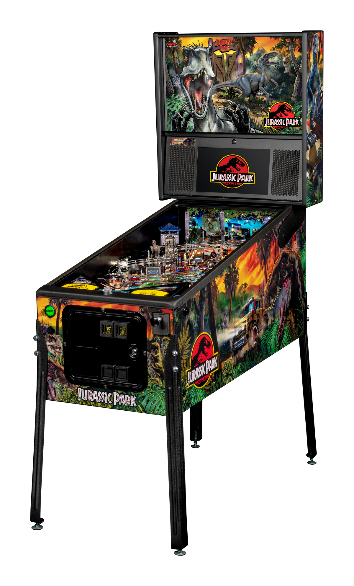 Jurassic Park (Premium/LE) is a pinball machine released by Stern in 2019, designed around the theme of the Jurassic Park films. It features various dinosaurs, ramps, and a T-Rex that eats balls.