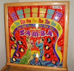 Samba is a pinball machine released by Exhibit in 1948. It is an electro-mechanical (EM) game with a classic design typical of the era.