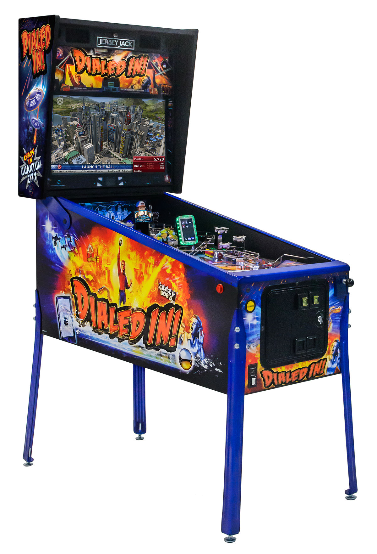 Dialed In! is a groundbreaking pinball game from Jersey Jack Pinball that integrates smartphone connectivity, player-focused features, and cutting-edge technology. It's a modern pinball machine with a theme centered on a bustling city under unexpected disaster scenarios.