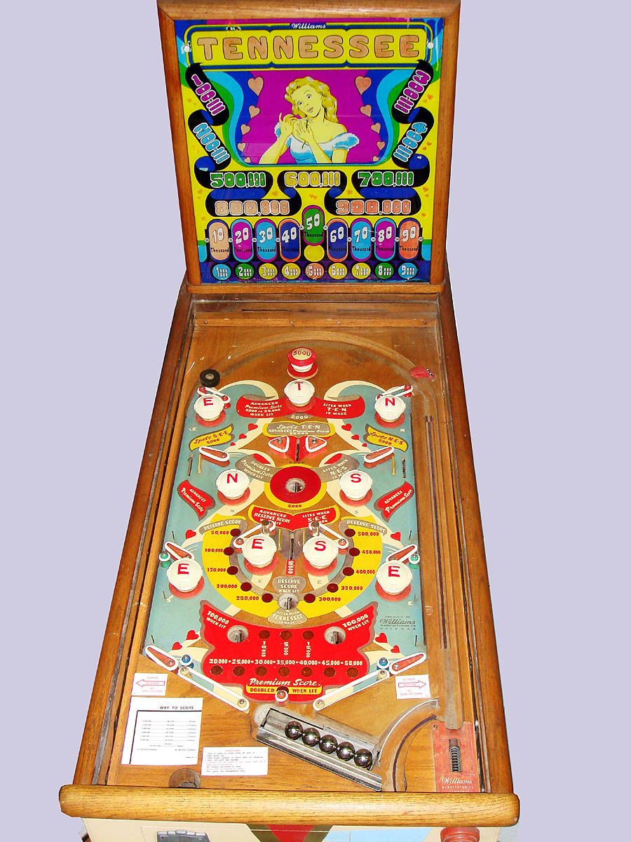 Tennessee is a vintage pinball machine released by Williams in 1948. It's part of the electro-mechanical era showcasing simplistic yet engaging gameplay.