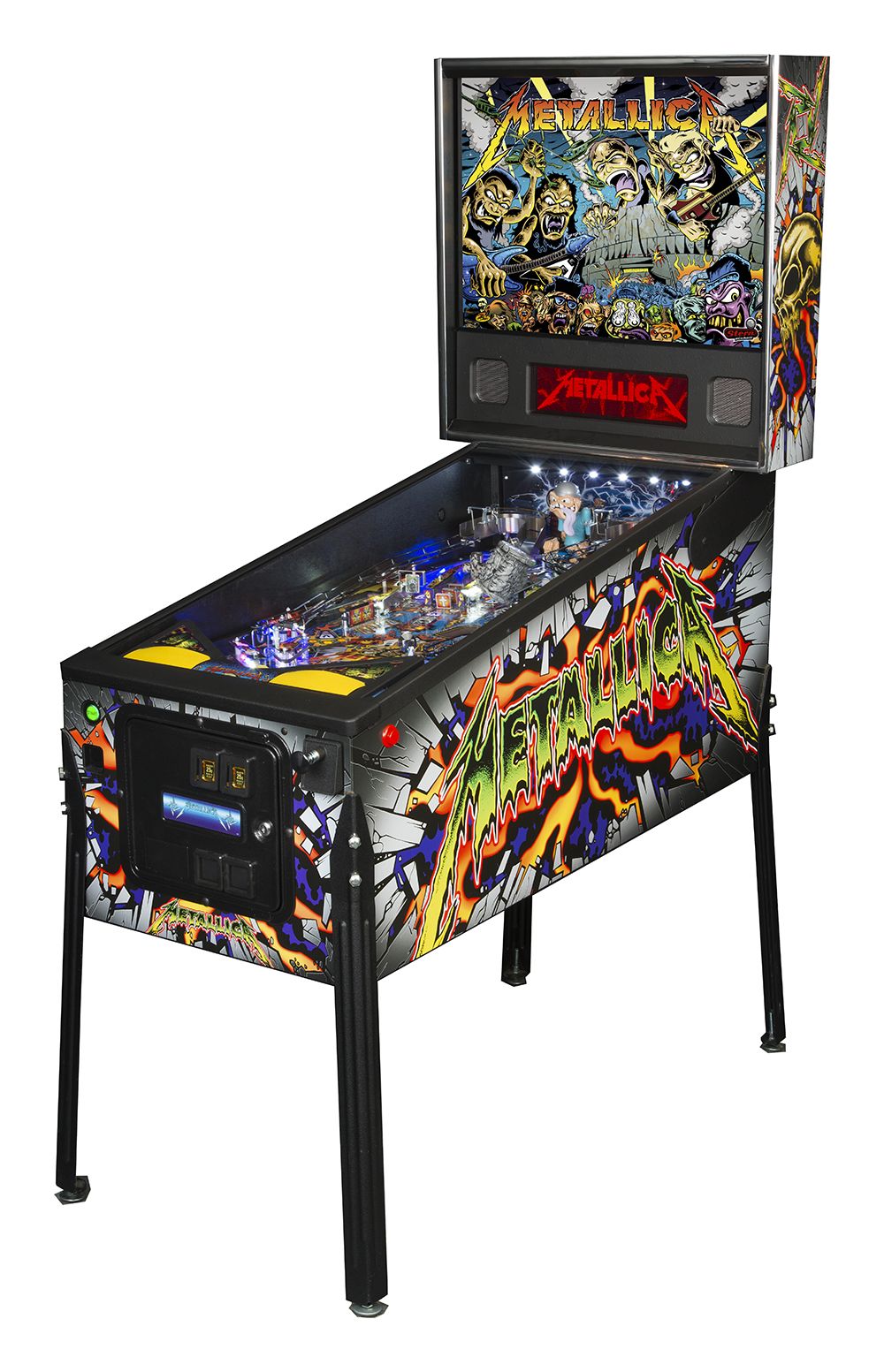 A pinball machine based on the legendary heavy metal band Metallica, featuring their music and themes.