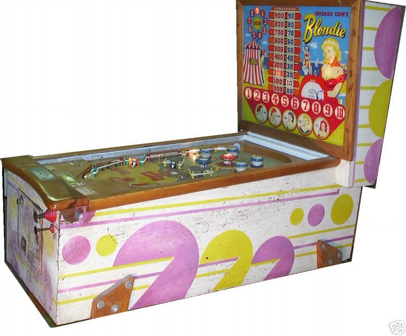 Blondie is a vintage electro-mechanical pinball machine produced by Chicago Coin in 1956. It features a theme based on the popular comic strip character, known for entertaining gameplay and classic design.