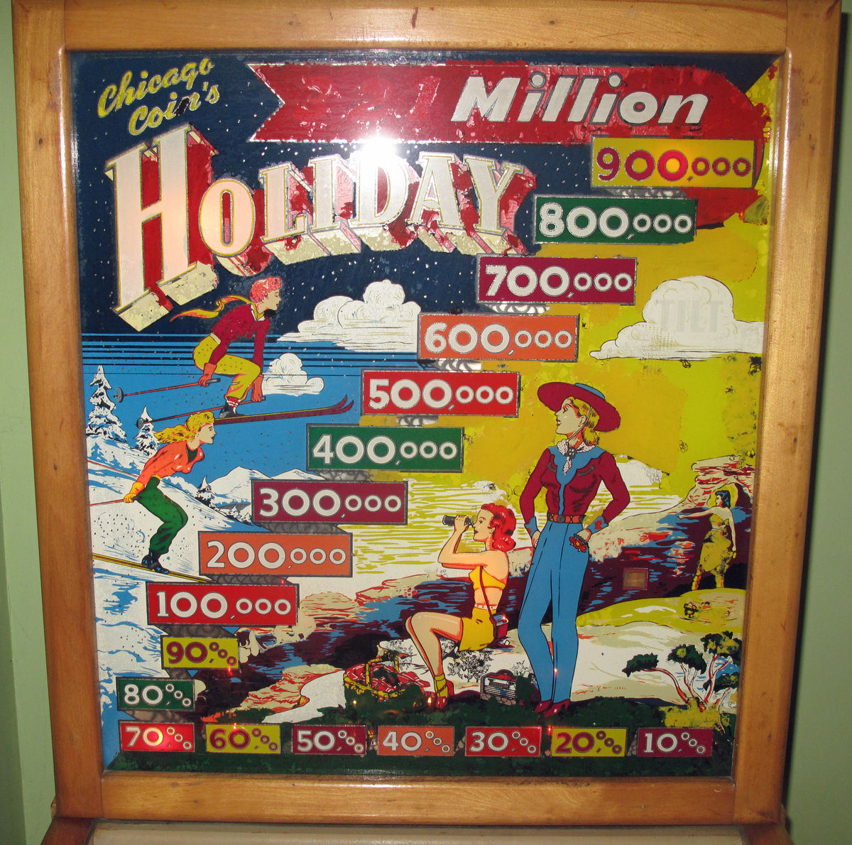 Holiday is a vintage pinball machine produced by Chicago Coin in 1948. It's known for its classic design and mechanical features typical of that era.